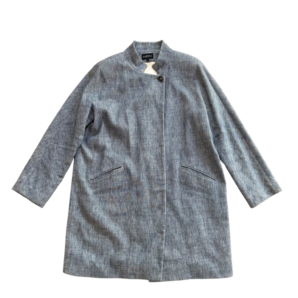 Caroll Paris Womens Blue Linen Blend Stand Collar Coat M6009-19U Size L‎